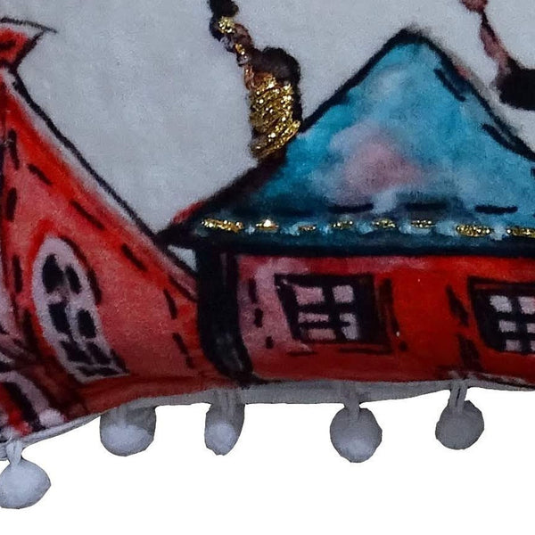 Homeroots 18" X 18" Red And Green Christmas Santa And Reindeer Throw Pillow With Pom Poms   482300