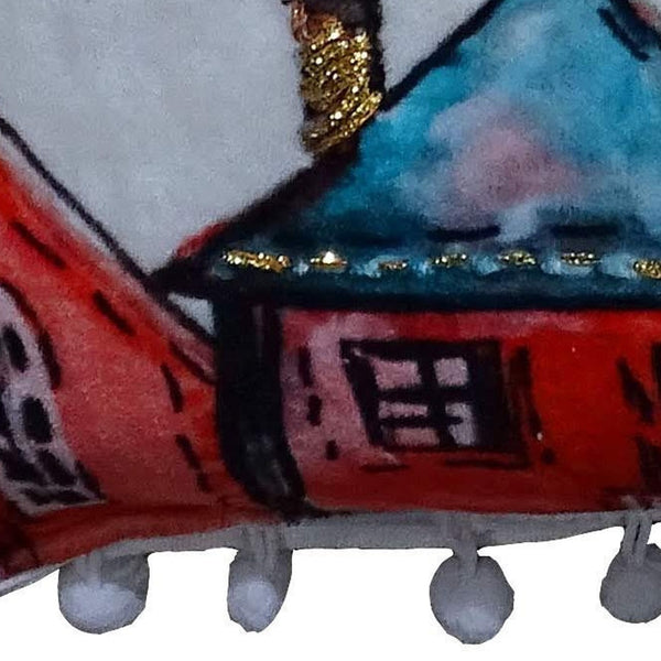 Homeroots 18" X 18" Red And Green Christmas Santa And Reindeer Throw Pillow With Pom Poms   482300