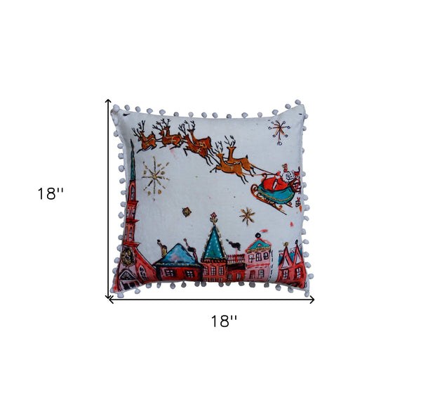 Homeroots 18" X 18" Red And Green Christmas Santa And Reindeer Throw Pillow With Pom Poms   482300