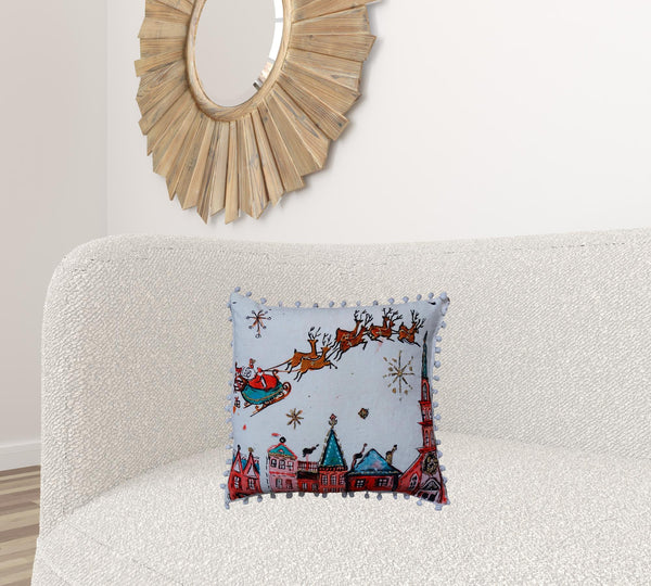 Homeroots 18" X 18" Red And Green Christmas Santa And Reindeer Throw Pillow With Pom Poms   482300
