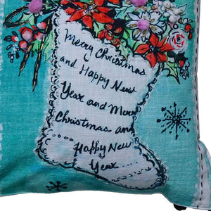 Homeroots 18" Teal And White Merry Christmas Christmas Cotton Blend Throw Pillow With Embroidery And Pom Poms   482301