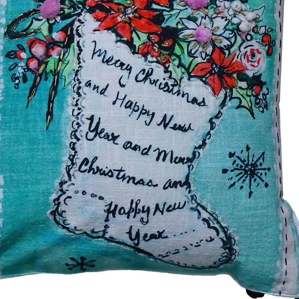 Homeroots 18" Teal And White Merry Christmas Christmas Cotton Blend Throw Pillow With Embroidery And Pom Poms   482301