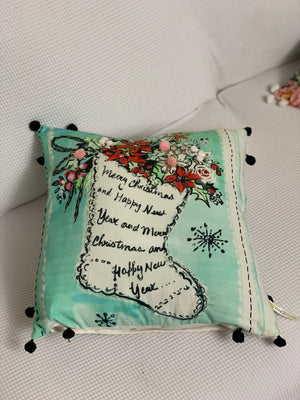 Homeroots 18" Teal And White Merry Christmas Christmas Cotton Blend Throw Pillow With Embroidery And Pom Poms   482301