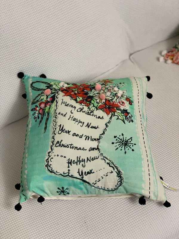 Homeroots 18" Teal And White Merry Christmas Christmas Cotton Blend Throw Pillow With Embroidery And Pom Poms   482301