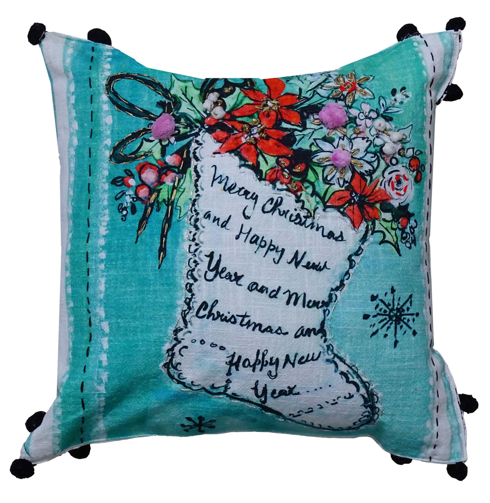 Homeroots 18" Teal And White Merry Christmas Christmas Cotton Blend Throw Pillow With Embroidery And Pom Poms   482301