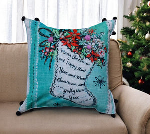 Homeroots 18" Teal And White Merry Christmas Christmas Cotton Blend Throw Pillow With Embroidery And Pom Poms   482301