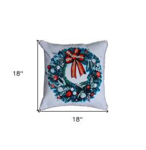 Homeroots 18" X 18" Red And Green Christmas Wreath Throw Pillow With Embroidery   482302