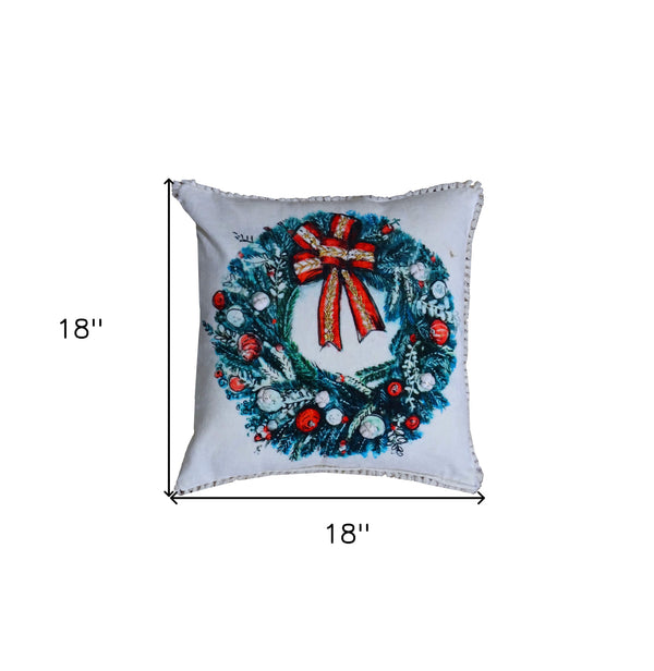 Homeroots 18" X 18" Red And Green Christmas Wreath Throw Pillow With Embroidery   482302