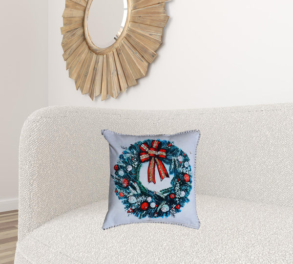 Homeroots 18" X 18" Red And Green Christmas Wreath Throw Pillow With Embroidery   482302