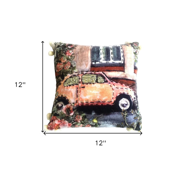 Homeroots 12" Pink And Green Floral Cotton Blend Throw Pillow With Embroidered Pom-poms And Textured   482303