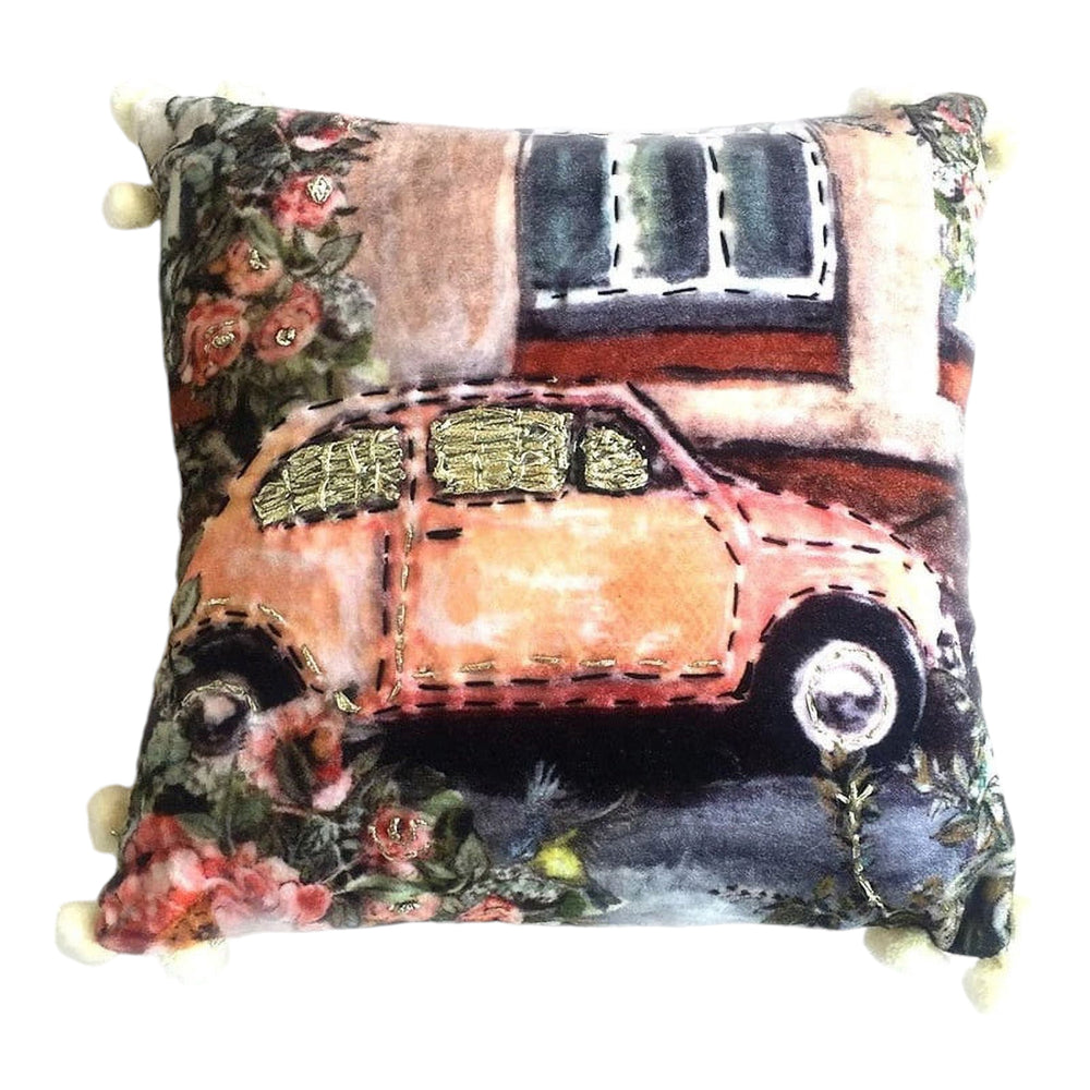 Homeroots 12" Pink And Green Floral Cotton Blend Throw Pillow With Embroidered Pom-poms And Textured   482303