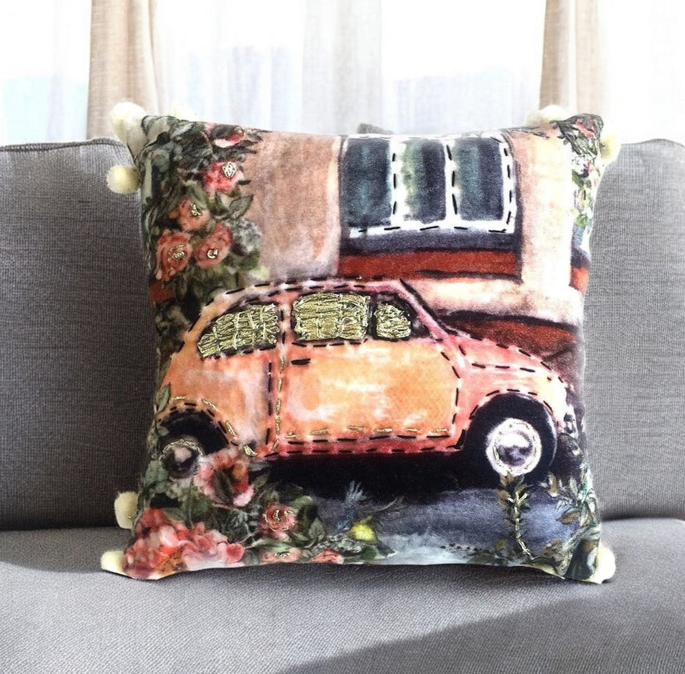 Homeroots 12" Pink And Green Floral Cotton Blend Throw Pillow With Embroidered Pom-poms And Textured   482303