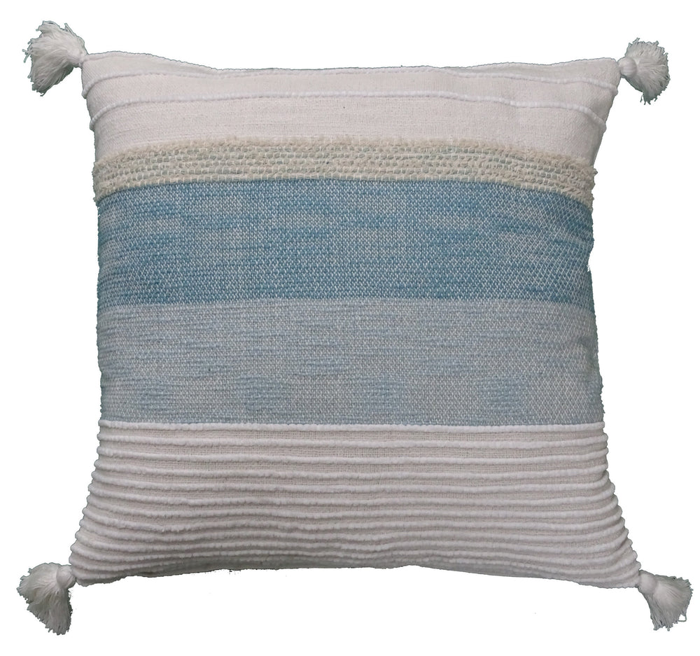 Homeroots 22" X 22" White And Light Blue Striped Zippered Handmade Cotton Blend Throw Pillow With Tassels   482304