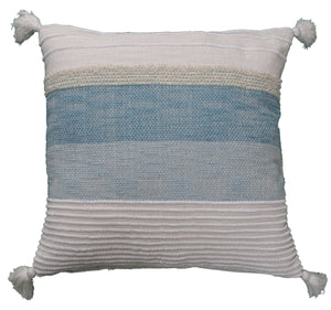 Homeroots 22" X 22" White And Light Blue Striped Zippered Handmade Cotton Blend Throw Pillow With Tassels   482304