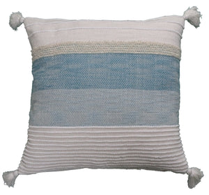 Homeroots 22" X 22" White And Light Blue Striped Zippered Handmade Cotton Blend Throw Pillow With Tassels   482304