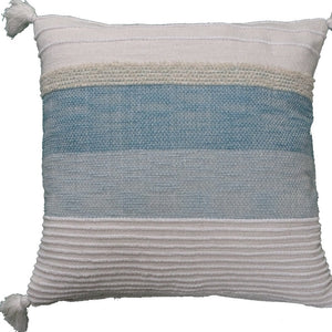 Homeroots 22" X 22" White And Light Blue Striped Zippered Handmade Cotton Blend Throw Pillow With Tassels   482304