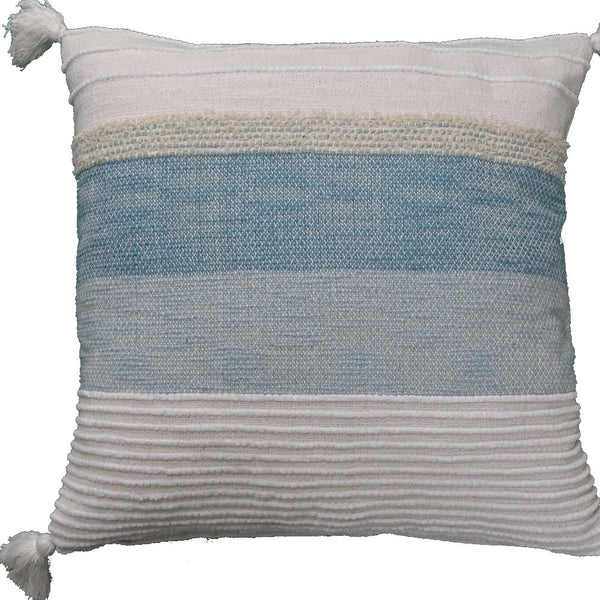 Homeroots 22" X 22" White And Light Blue Striped Zippered Handmade Cotton Blend Throw Pillow With Tassels   482304