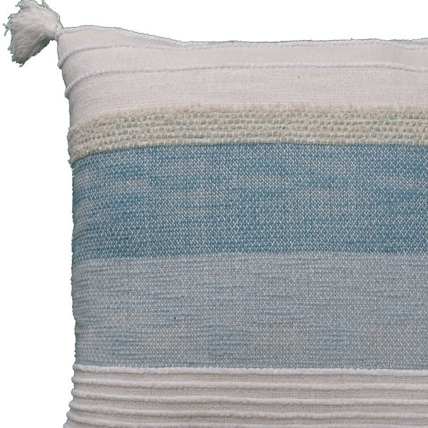 Homeroots 22" X 22" White And Light Blue Striped Zippered Handmade Cotton Blend Throw Pillow With Tassels   482304