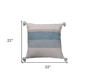 Homeroots 22" X 22" White And Light Blue Striped Zippered Handmade Cotton Blend Throw Pillow With Tassels   482304