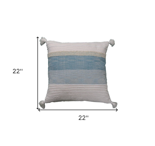 Homeroots 22" X 22" White And Light Blue Striped Zippered Handmade Cotton Blend Throw Pillow With Tassels   482304