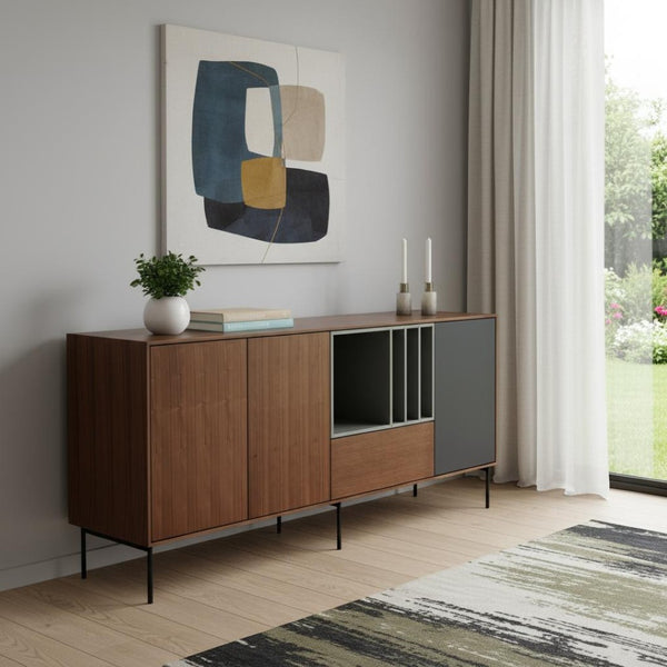 HomeRoots Urban Multi-Tone 71" Buffet Server with Ample Storage, Modern Metal Legs, and Versatile Design 482349