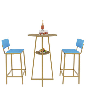 English Elm Bar Table and Chair Set Gold Frame Blue Velvet Cushions with Built-in Storage Shelf W3064P245389