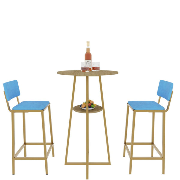 English Elm Bar Table and Chair Set Gold Frame Blue Velvet Cushions with Built-in Storage Shelf W3064P245389