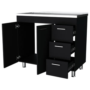 English Elm Darien Melamine Base Cabinet with Stainless Steel Top, Faucet Hole, 3 Drawers & Double Door Storage B128S00005