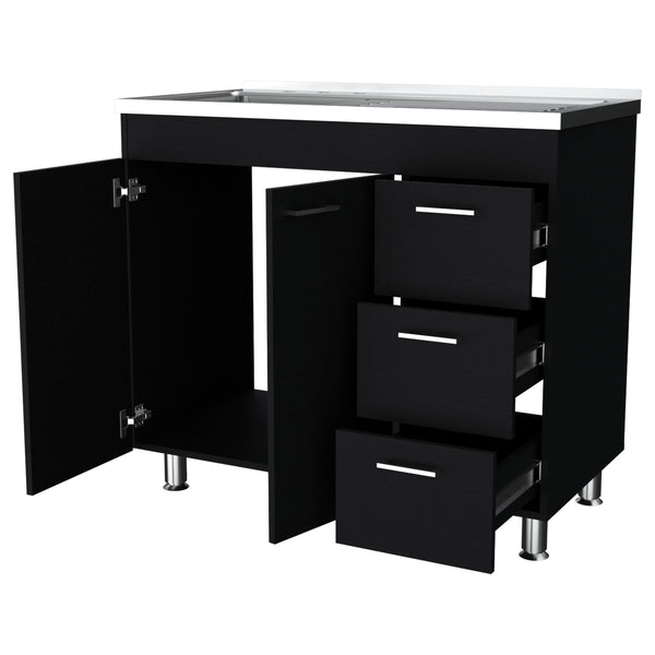 English Elm Darien Melamine Base Cabinet with Stainless Steel Top, Faucet Hole, 3 Drawers & Double Door Storage B128S00005