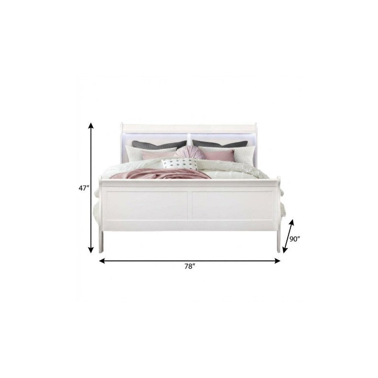 HomeRoots White Geometric Carved Solid Wood King Bed Elegant Bedroom Statement Piece 482382