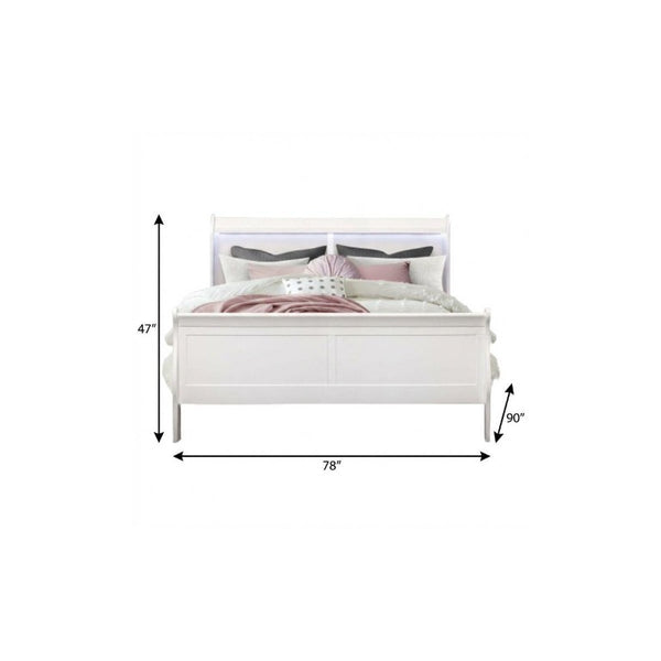 HomeRoots White Geometric Carved Solid Wood King Bed Elegant Bedroom Statement Piece 482382