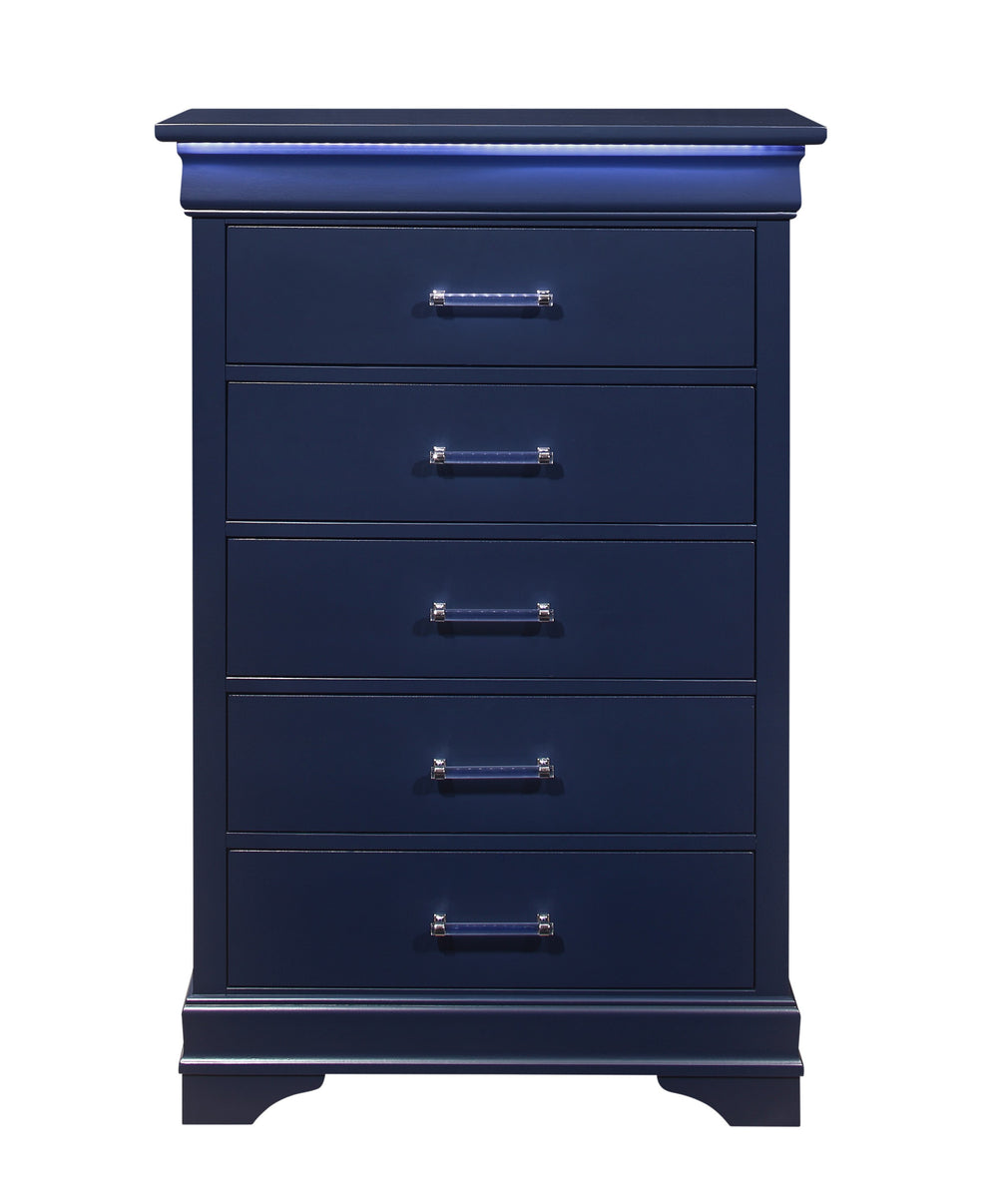 Homeroots 16" Blue Solid Wood Five Drawer Chest With Led Lighting  Solid And Manufactured Wood 482389