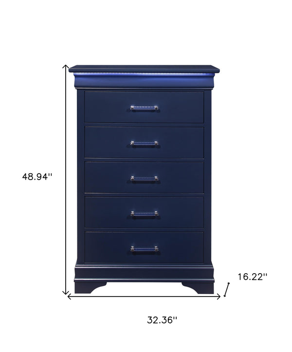 Homeroots 16" Blue Solid Wood Five Drawer Chest With Led Lighting  Solid And Manufactured Wood 482389