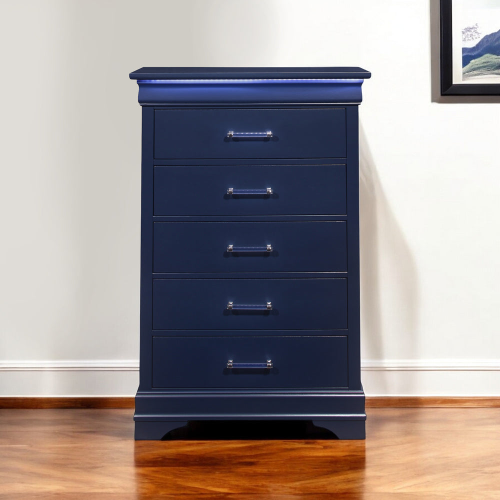 Homeroots 16" Blue Solid Wood Five Drawer Chest With Led Lighting  Solid And Manufactured Wood 482389