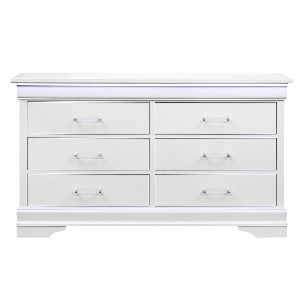 Homeroots 59" White Solid Wood Six Drawer Double Dresser With Led  Solid Wood 482391