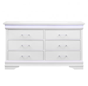 Homeroots 59" White Solid Wood Six Drawer Double Dresser With Led  Solid Wood 482391