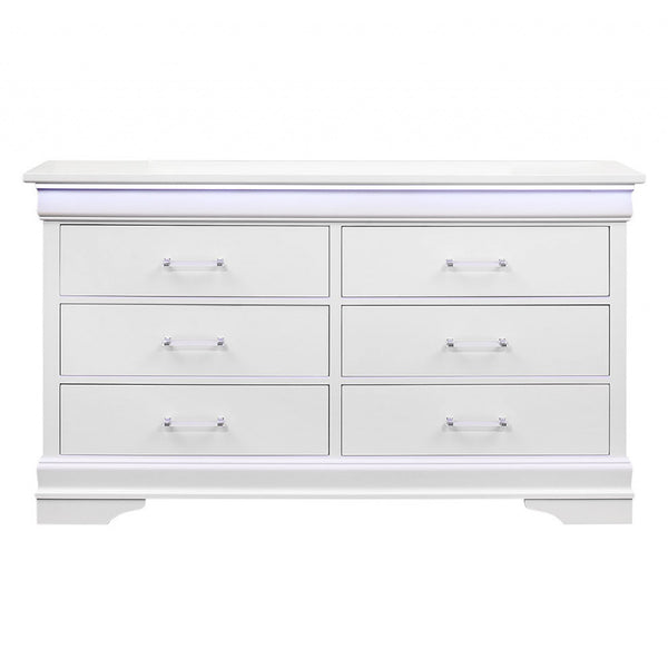 Homeroots 59" White Solid Wood Six Drawer Double Dresser With Led  Solid Wood 482391