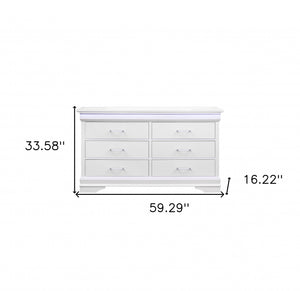 Homeroots 59" White Solid Wood Six Drawer Double Dresser With Led  Solid Wood 482391