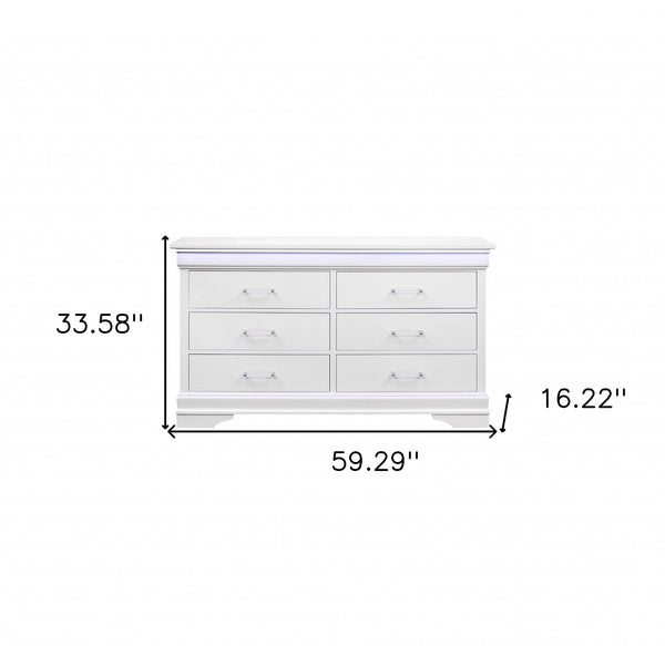 Homeroots 59" White Solid Wood Six Drawer Double Dresser With Led  Solid Wood 482391