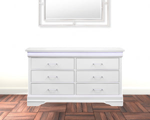 Homeroots 59" White Solid Wood Six Drawer Double Dresser With Led  Solid Wood 482391