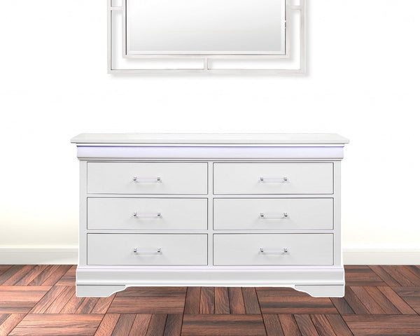 Homeroots 59" White Solid Wood Six Drawer Double Dresser With Led  Solid Wood 482391