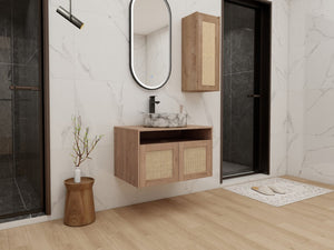 English Elm 30" Floating Bathroom Vanity Set with Ceramic Vessel Sink and Rattan Side Cabinet W999S00497