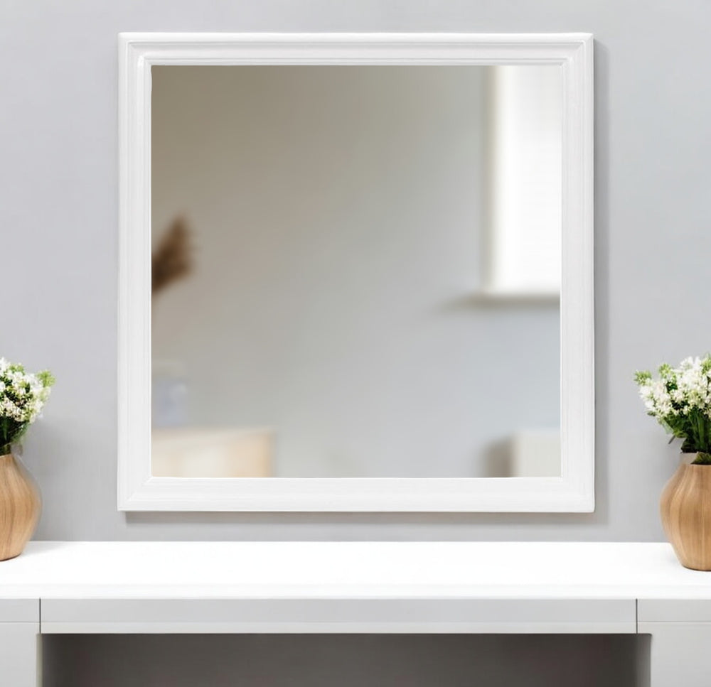 Homeroots 38" White Square Wood Framed Accent Mirror  Rubberwood 482395