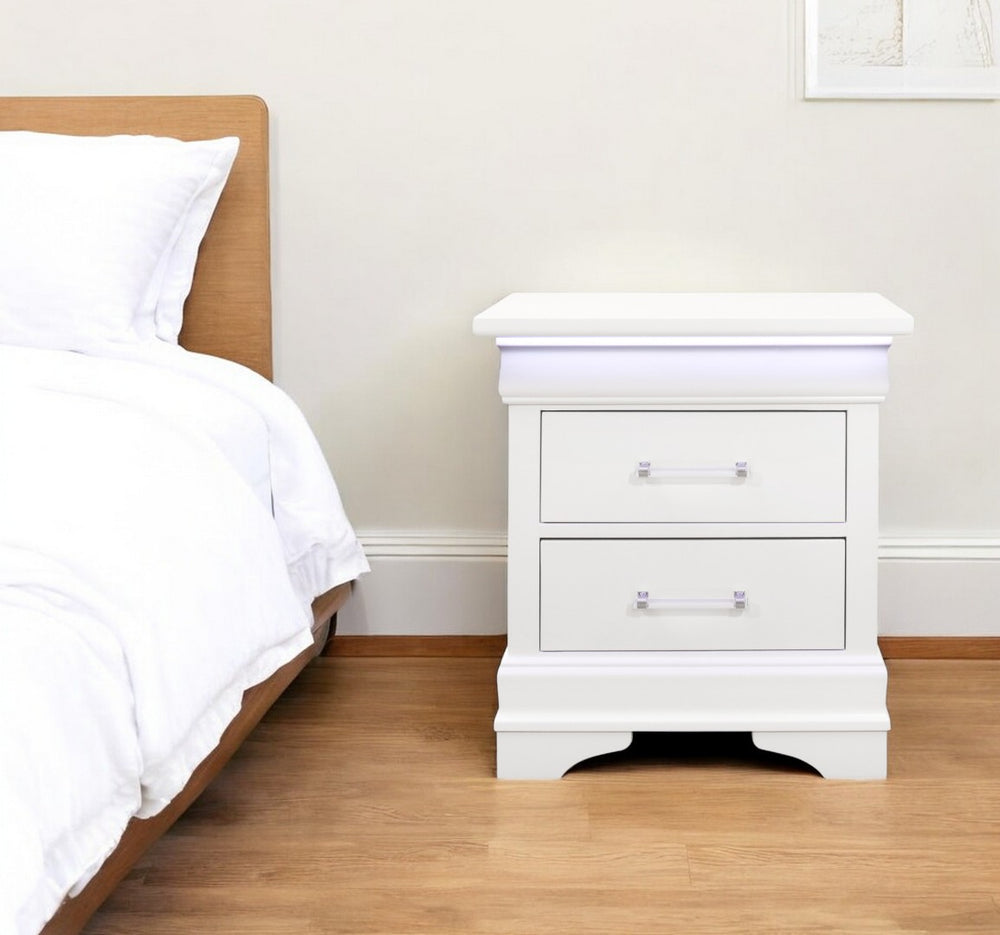 HomeRoots 24" White Wood Nightstand with Built-in Light & Two Drawers for Stylish Storage in Any Room 482398