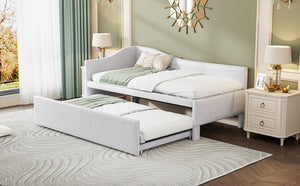 English Elm Twin L-shaped Linen Upholstered Daybed with Hydraulic Pop-up Trundle for Guest Rooms Beige SF000193AAA-1