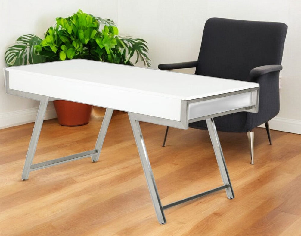 Homeroots 63" White And Silver Writing Desk With Three Drawers   482420