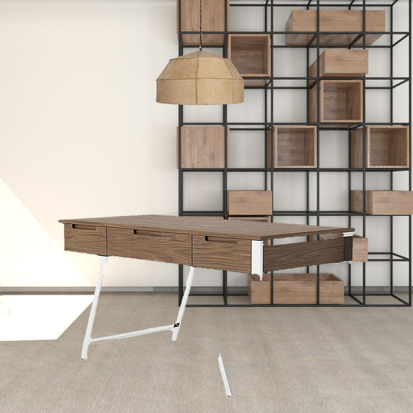 Homeroots 63" Walnut And Chrome Rectangular Writing Desk With Three Drawers   482421