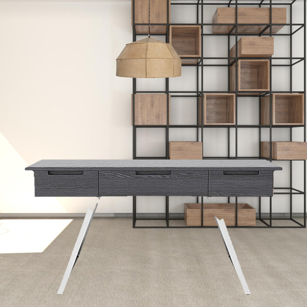 Homeroots 63" Gray And Silver Writing Desk With Three Drawers   482422