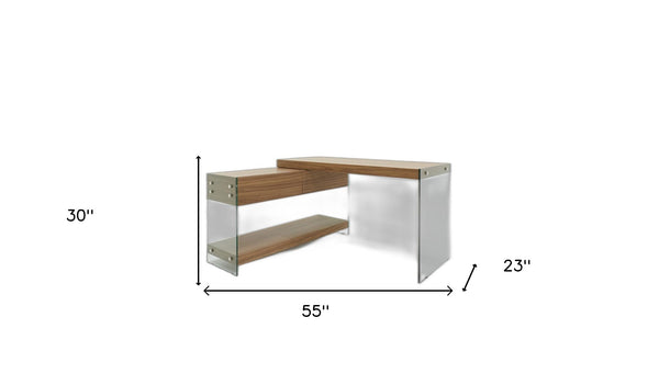 Homeroots 55" Walnut And Glass L Shape Writing Office Desk   482425
