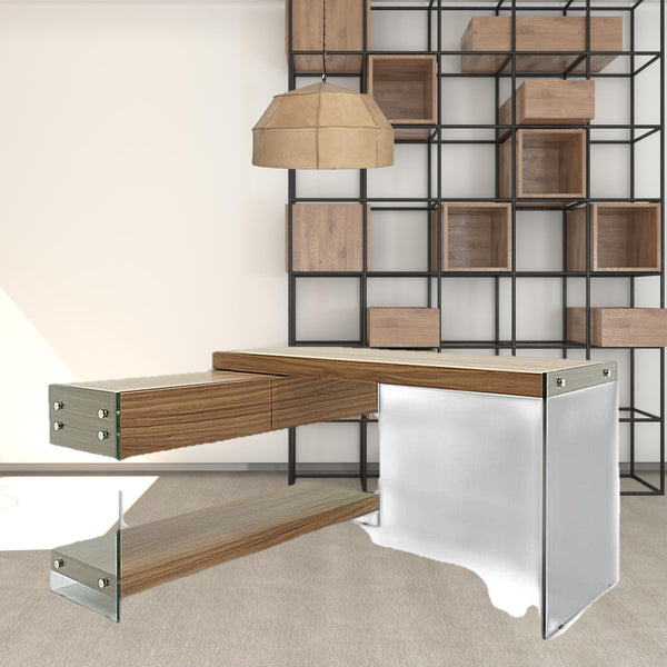 Homeroots 55" Walnut And Glass L Shape Writing Office Desk   482425